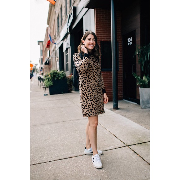 J. Crew Dresses & Skirts - J CREW Leopard Print Long Sleeve Sweater Dress Brown / Black Size MP Petite